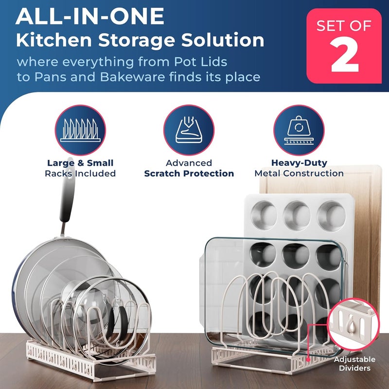 Better Things Home 14+ Dual Pan and Pot Lid Organizer Rack Set for Cabinet - Includes 1 Large Rack & 1 Compact Rack for Bakeware, Lids & Pans (White Sand, PAN + LID SET) - Image 2