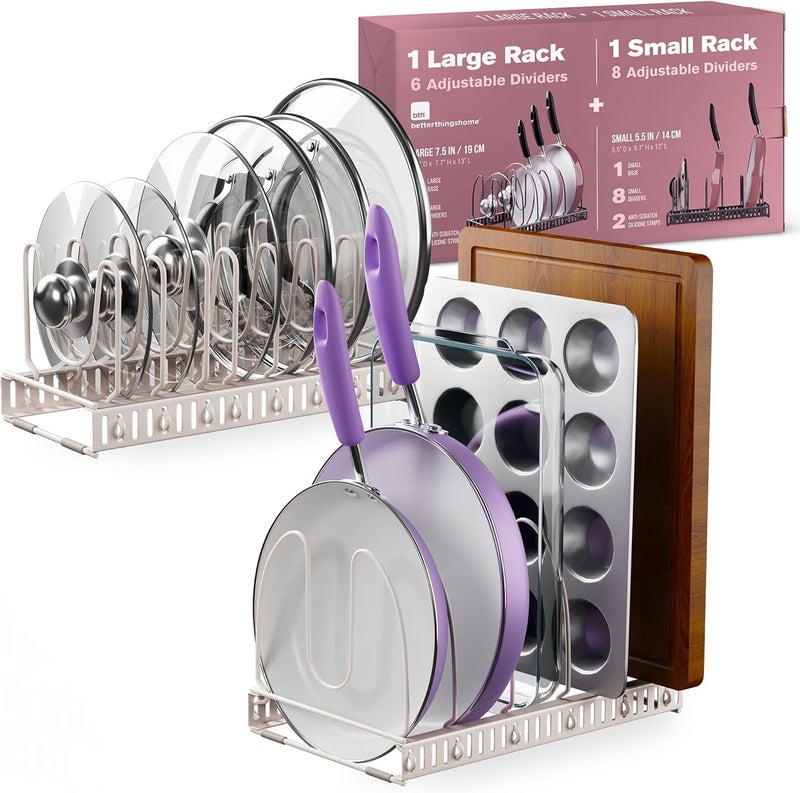 Better Things Home 14+ Dual Pan and Pot Lid Organizer Rack Set for Cabinet - Includes 1 Large Rack & 1 Compact Rack for Bakeware, Lids & Pans (White Sand, PAN + LID SET) - Image 1