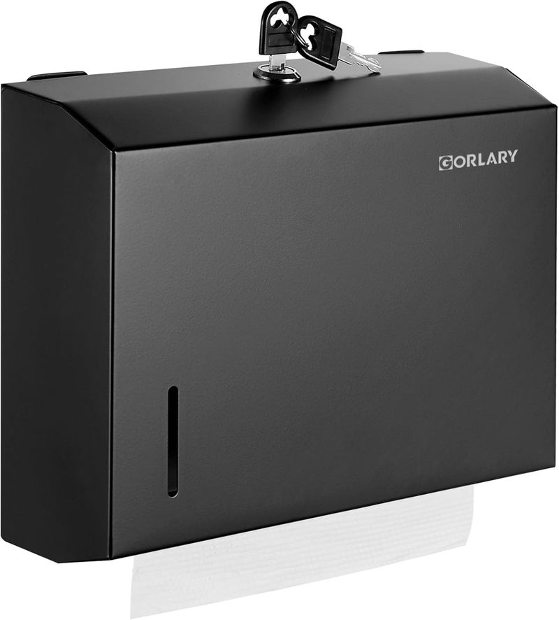 Gorlary أجهزة توزيع المناديل الورقية للاستخدام التجاري مثبتة على الحائط، بأبعاد 10.4 بوصة طولًا × 3.3 بوصة عرضًا × 8.3 بوصة ارتفاعًا، من مادة الفولاذ المقاوم للصدأ، مزودة بتصميم طي C ومجموعة مناديل متعددة الأجزاء، وتحتوي على قفل. - Image 1