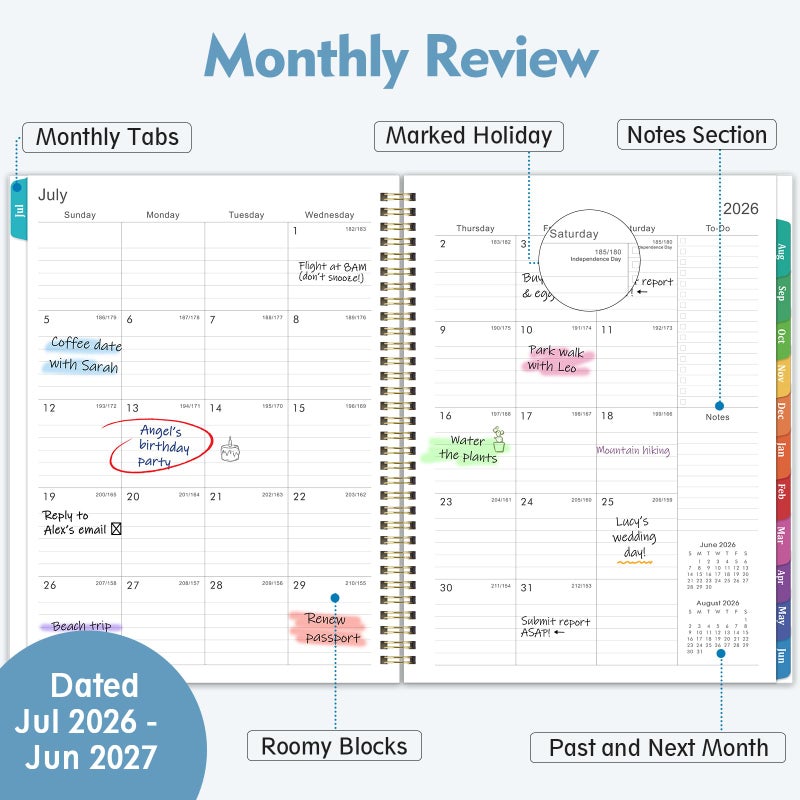 Journaltastic Planner 2026-2027 - Academic Planner, July 2026 - June 2027, 2026-2027 Planners Weekly and Monthly, 8.5" x 11", Colorful Monthly Tabs, Storage Pocket, Spiral Bound for School Office Home - Floral - Image 3