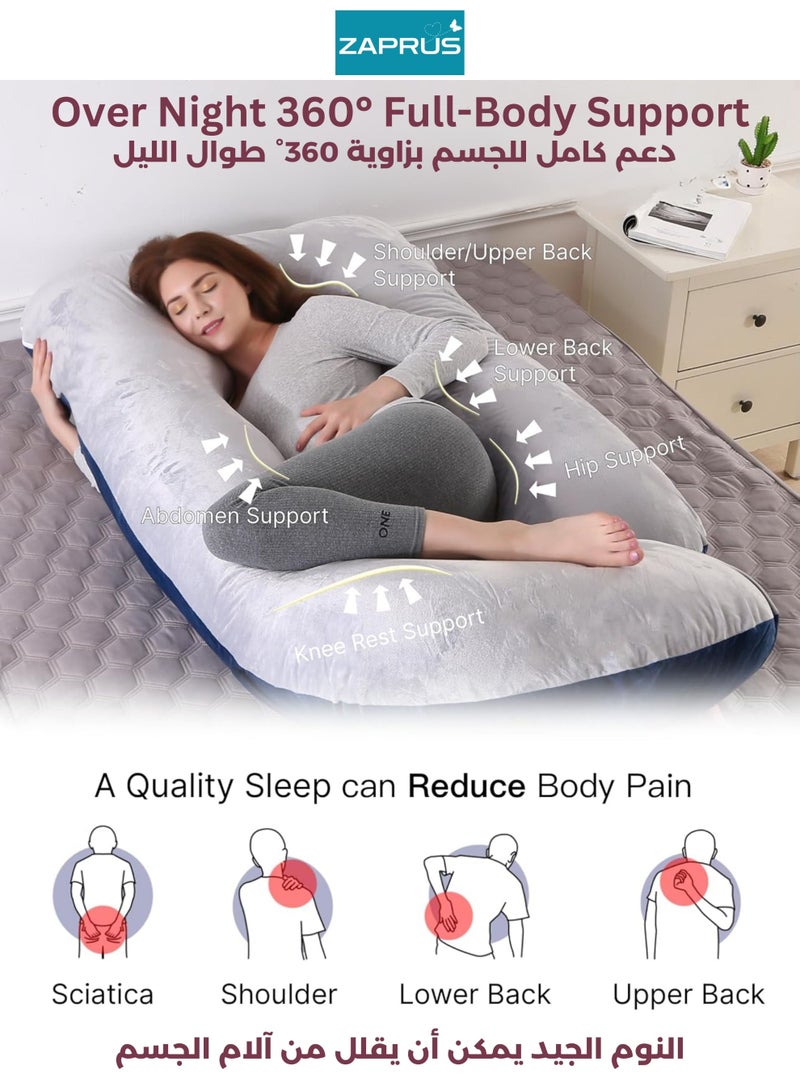 زابروس وسادة حمل على شكل حرف J من ألياف قطن 100% لدعم الجسم الكامل للنوم وتخفيف آلام الظهر والورك والبطن، وسادة مريحة للنوم على الجنب والبطن، مناسبة للاستخدام اليومي ولما قبل الولادة - Image 2