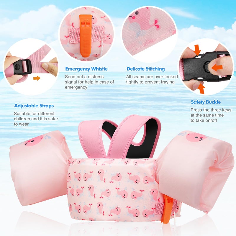 MoKo Swim Arm Band for Kids 20-30-40-50lbs, Clearance Toddler Swim Vest Cute Cartoon Swimming Wings Pool Floats Sleeve Children Water Sports Learning Swim Training Equipment, Pink Whale - Image 4
