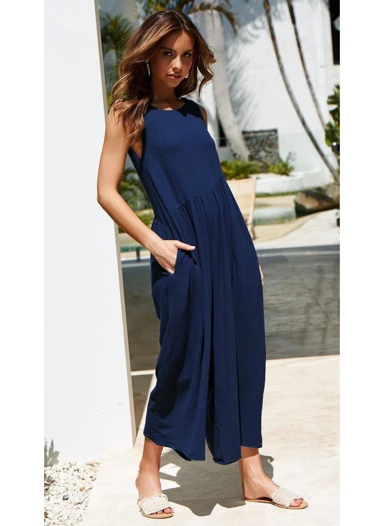 Barbora Linen Summer Casual Backless Casual Women's Jumpsuit LN212LACIVERT8