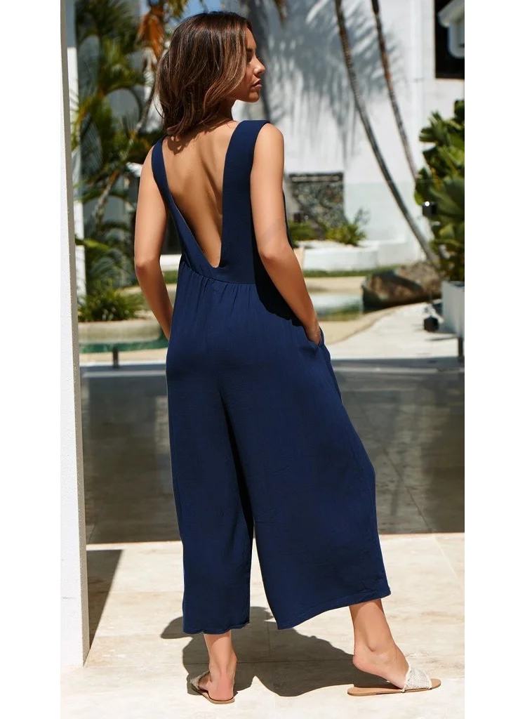 Barbora Linen Summer Casual Backless Casual Women's Jumpsuit LN212LACIVERT8