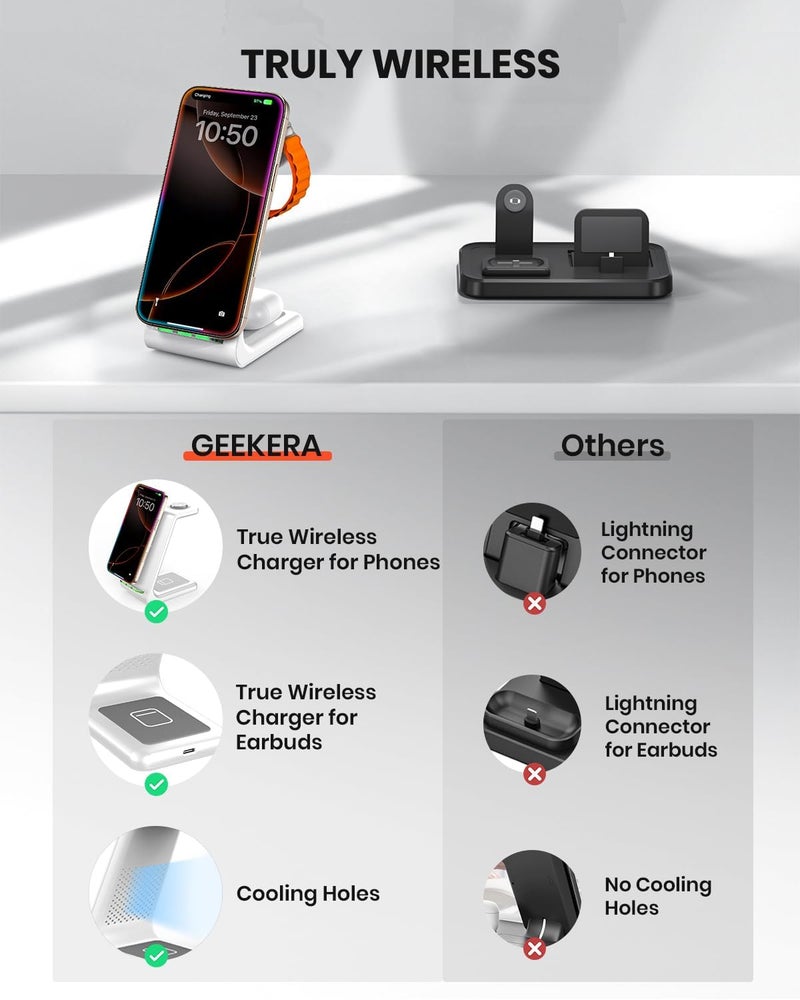 محطة شحن لاسلكي 3 في 1 من لأبل، حامل شحن لاسلكي سريع لأجهزة iPhone 17 16 15 14 13 12 11 Pro Max Plus XR XS X، ساعة Apple Watch Ultra/11/10/9/SE/8/7/6/5/4/3/2، سماعات AirPods Pro/4/3/2 - Image 3