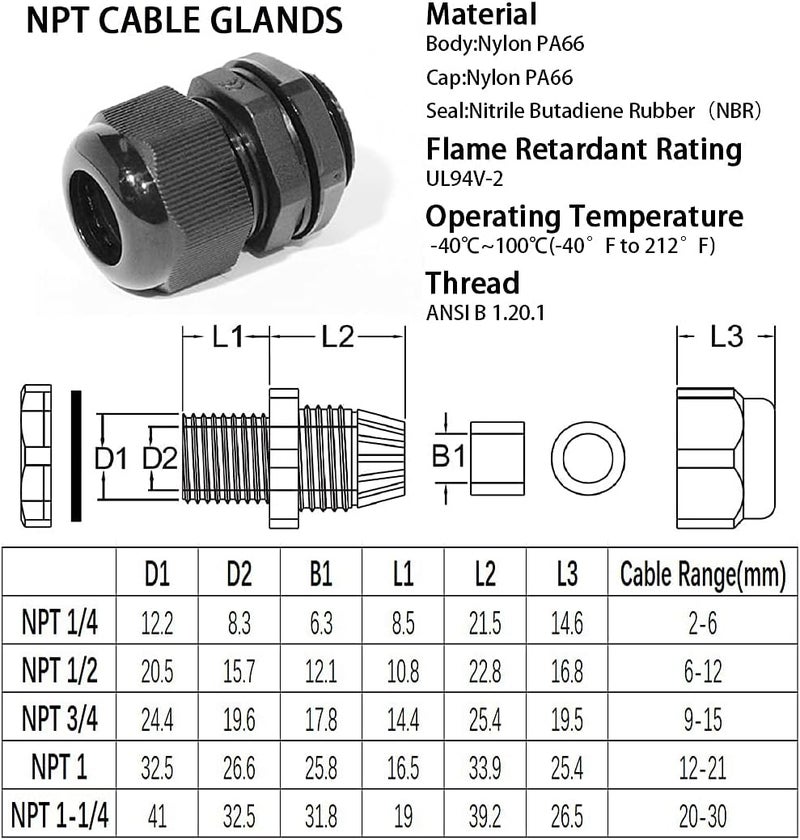 PENGLIN Cable Glands NPT Nylon Cable Connector, Strain Relief Cord Connector, IP68 Waterproof Adjustable Locknut(1/4" 1/2" 3/4" 1" Glands Combo (40Pack)) - Image 3