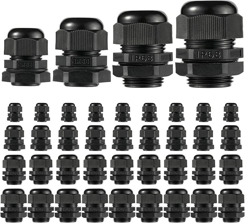 PENGLIN Cable Glands NPT Nylon Cable Connector, Strain Relief Cord Connector, IP68 Waterproof Adjustable Locknut(1/4" 1/2" 3/4" 1" Glands Combo (40Pack)) - Image 1