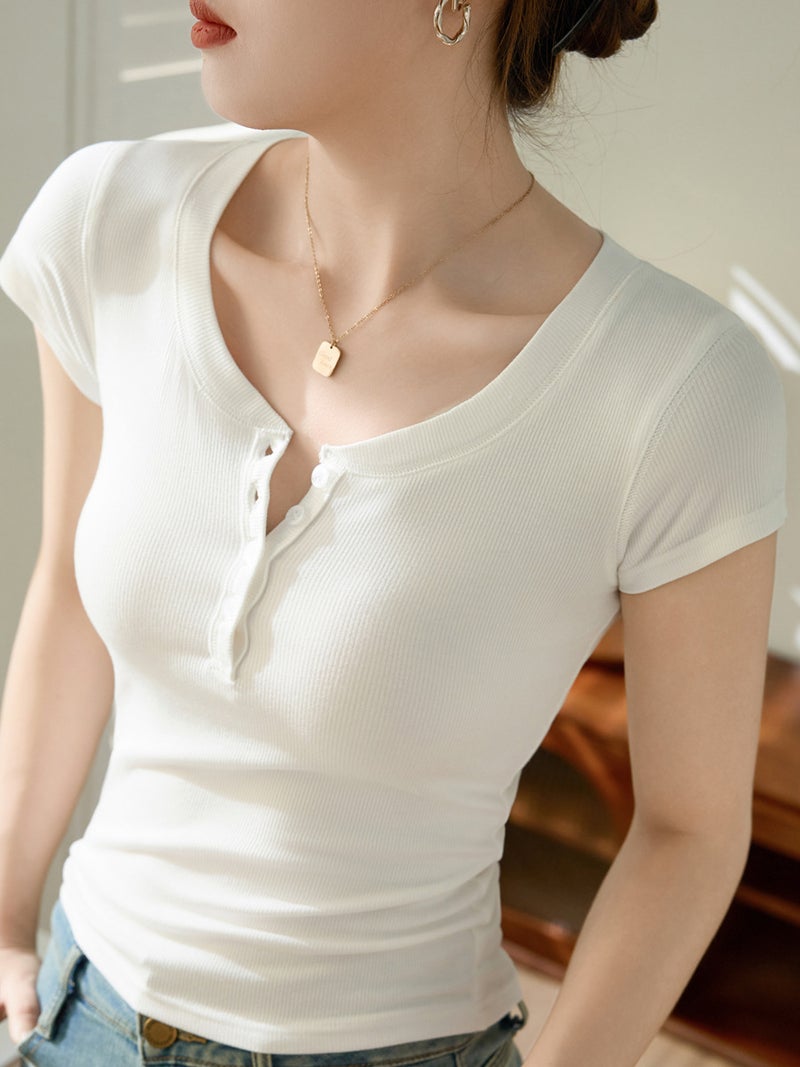 [Easy To Use] High Elastic Threaded Cotton V Neck Button Short-Sleeved T-Shirt For Women Summer Slim Fit Bottoming Shirt - Image 3
