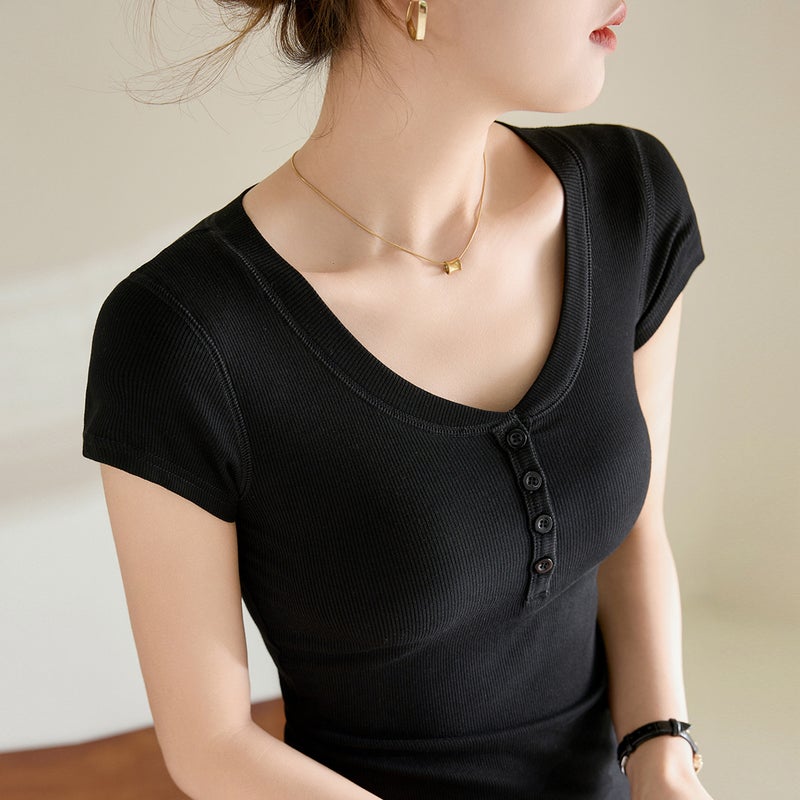 [Easy To Use] High Elastic Threaded Cotton V Neck Button Short-Sleeved T-Shirt For Women Summer Slim Fit Bottoming Shirt - Image 1