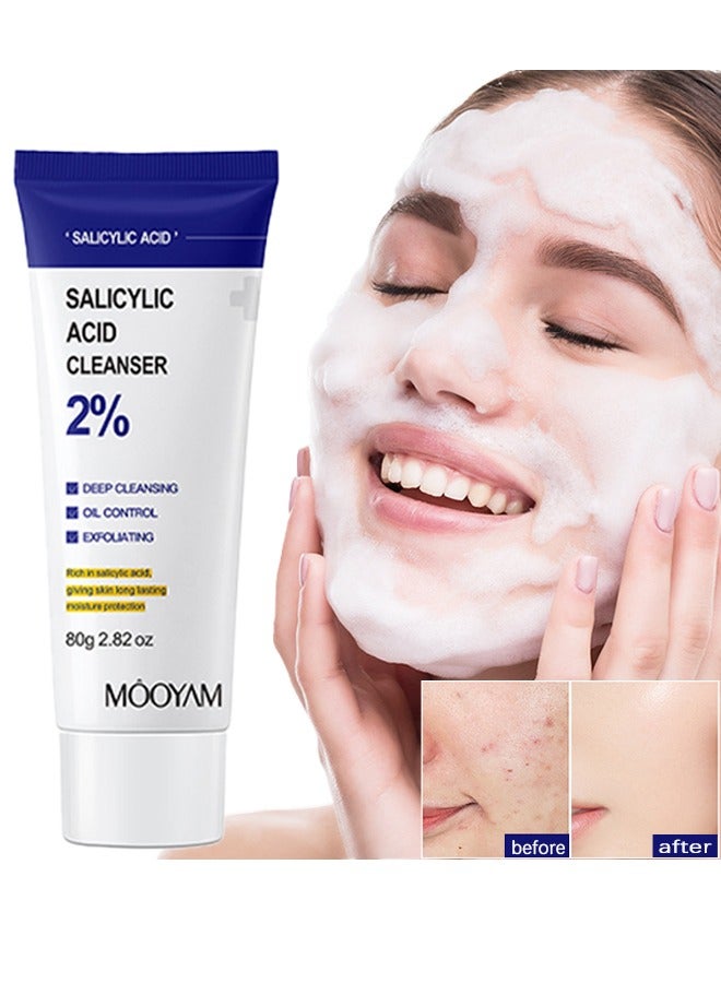 MOOYAM Salicylic Acid Cleanser - with 2% Salicylic Acid，Ceramide and Niacinamide | Gentle Foaming Face Wash for Sensitive, Acne Prone Skin | Deep Pore Cleaning | Unisex - 80g/2.82oz  - Image 1