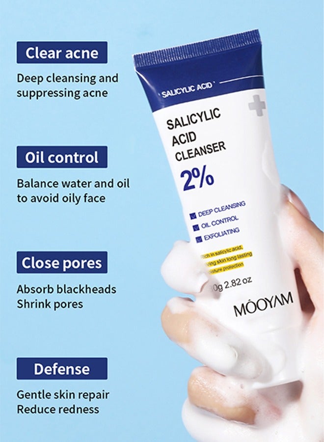 MOOYAM Salicylic Acid Cleanser - with 2% Salicylic Acid，Ceramide and Niacinamide | Gentle Foaming Face Wash for Sensitive, Acne Prone Skin | Deep Pore Cleaning | Unisex - 80g/2.82oz  - Image 3
