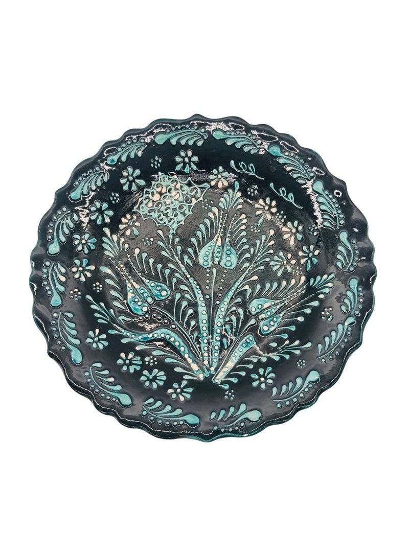 AKDC Round Handmade Plate 25cm, Black/Teal Floral Design - Image 1