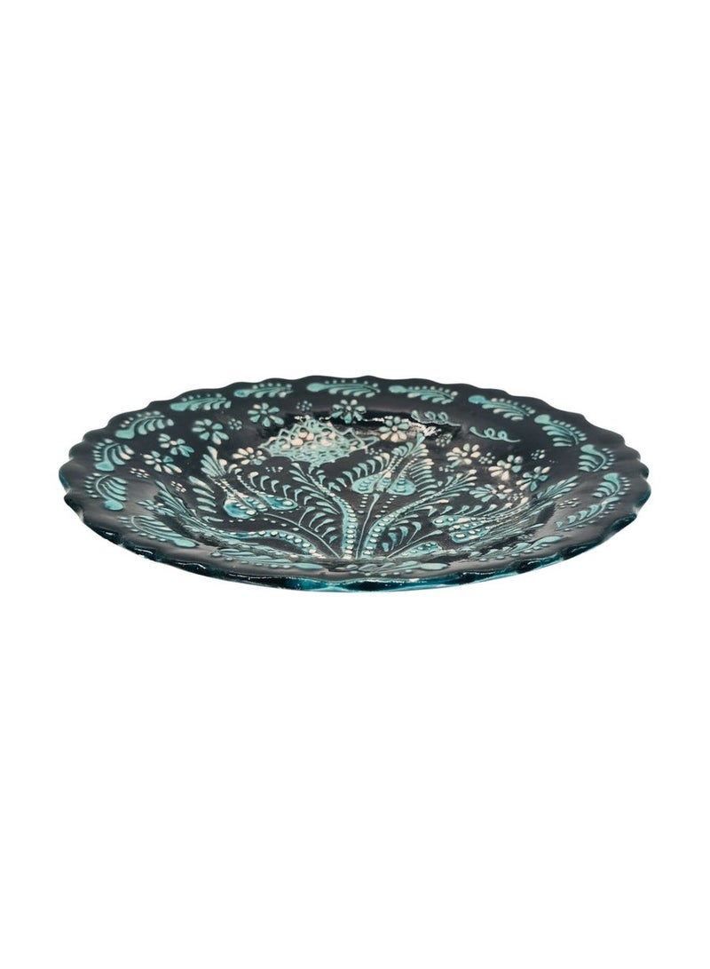 AKDC Round Handmade Plate 25cm, Black/Teal Floral Design - Image 2