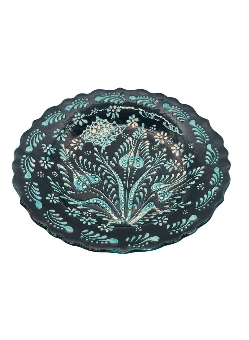 AKDC Round Handmade Plate 25cm, Black/Teal Floral Design - Image 3