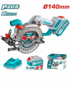 TOTAL 20V Cordless Brushless Circular Saw – 140mm (5-1/2”) Blade with Adjustable Cutting Depth & Bevel, 4.0Ah Battery & Fast Charger – Ideal for Wood Cutting, DIY & Carpentry Projects