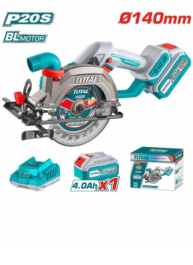 TOTAL - TOTAL 20V Cordless Brushless Circular Saw – 140mm (5-1/2”) Blade with Adjustable Cutting Depth & Bevel, 4.0Ah Battery & Fast Charger – Ideal for Wood Cutting, DIY & Carpentry Projects - Image 1