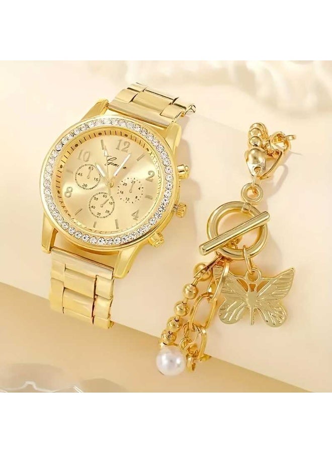 2-piece gold fashionable women's watch set, paired with a butterfly bracelet, suitable for travel, daily wear, dates, and perfect holiday birthday gift for her