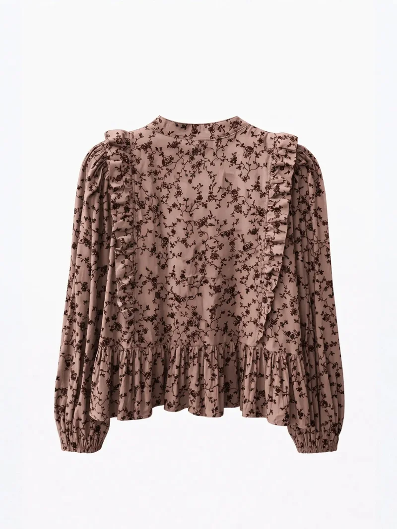 MixRay MIXRAY Frilly Floral Blouse with Mandarin Collar