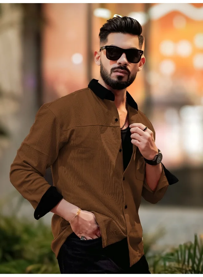 Maniac  Maniac Mens Solid Collared Neck Full Sleeve Brown and Black Cotton Shirt for Men | Best Price UAE