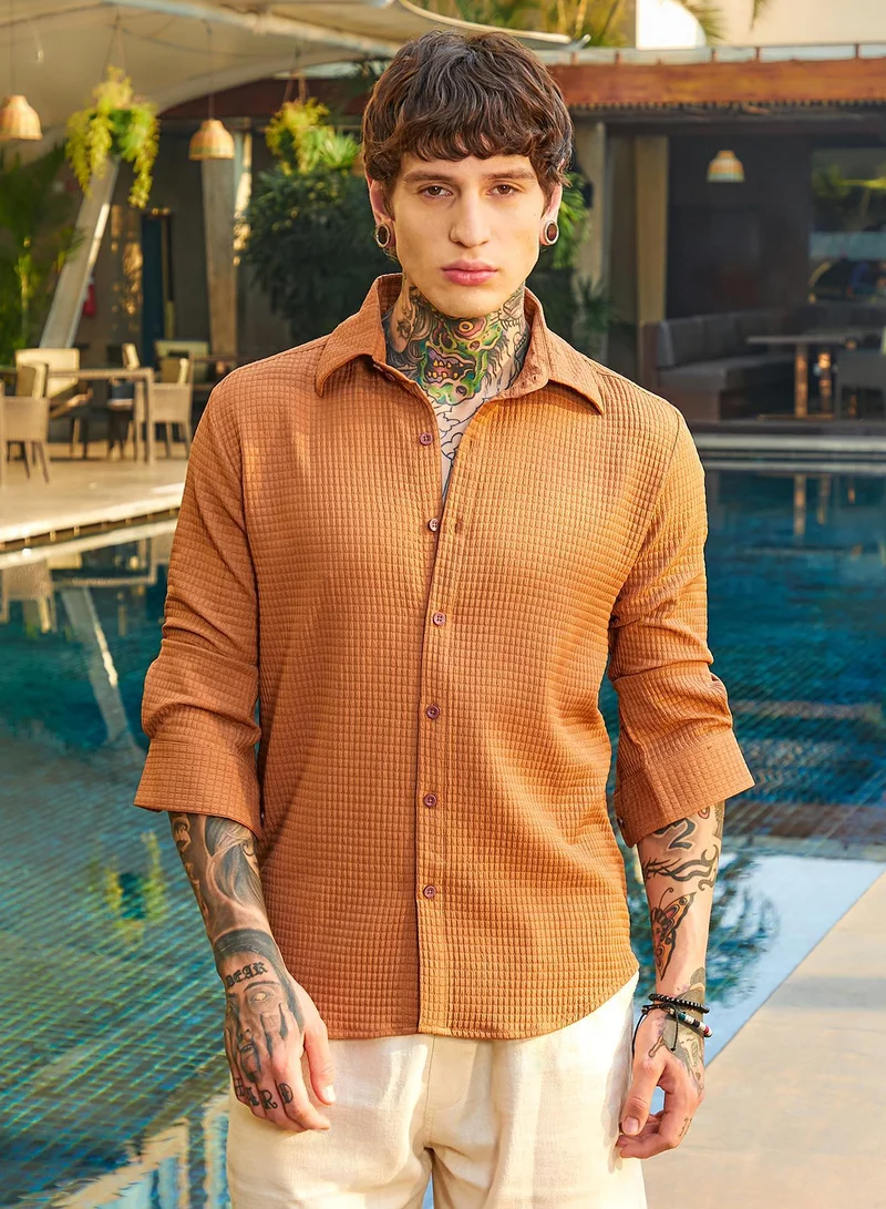 Campus Sutra Men's Burnt Sienna Grid-Textured Shirt