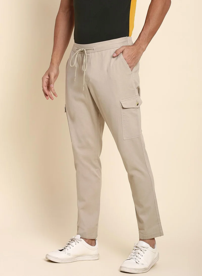 Dennis Lingo Men's Beige Cotton Blend Solid Full Length Chinos Tapered Fit Trouser