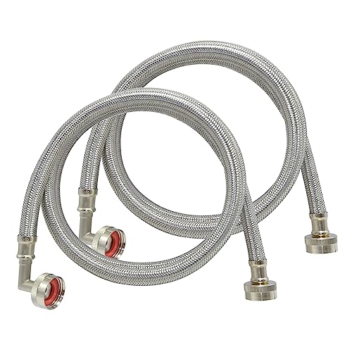 TT FLEX Washing Machine Hoses 5 FT with Elbow, Braided Stainless Steel Washer Hoses with 3/4" FHT Connector, Washing Machine Water Supply Line - Image 1