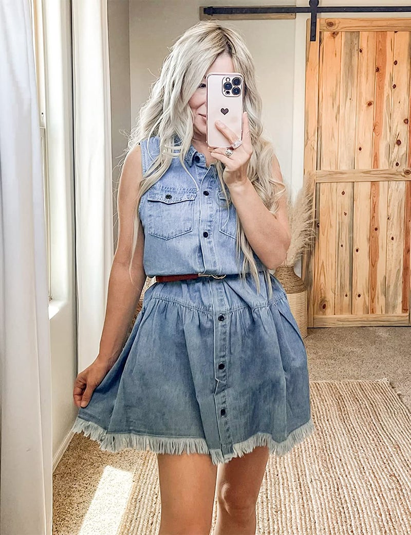 luvamia Women's Casual Summer Lapel Sleeveless Button Down Short Denim Jean Dress Azure Glow Size Medium fits Size 8 - Size 10 - Image 5