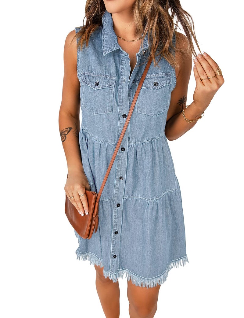 luvamia Women's Casual Summer Lapel Sleeveless Button Down Short Denim Jean Dress Azure Glow Size Medium fits Size 8 - Size 10 - Image 1