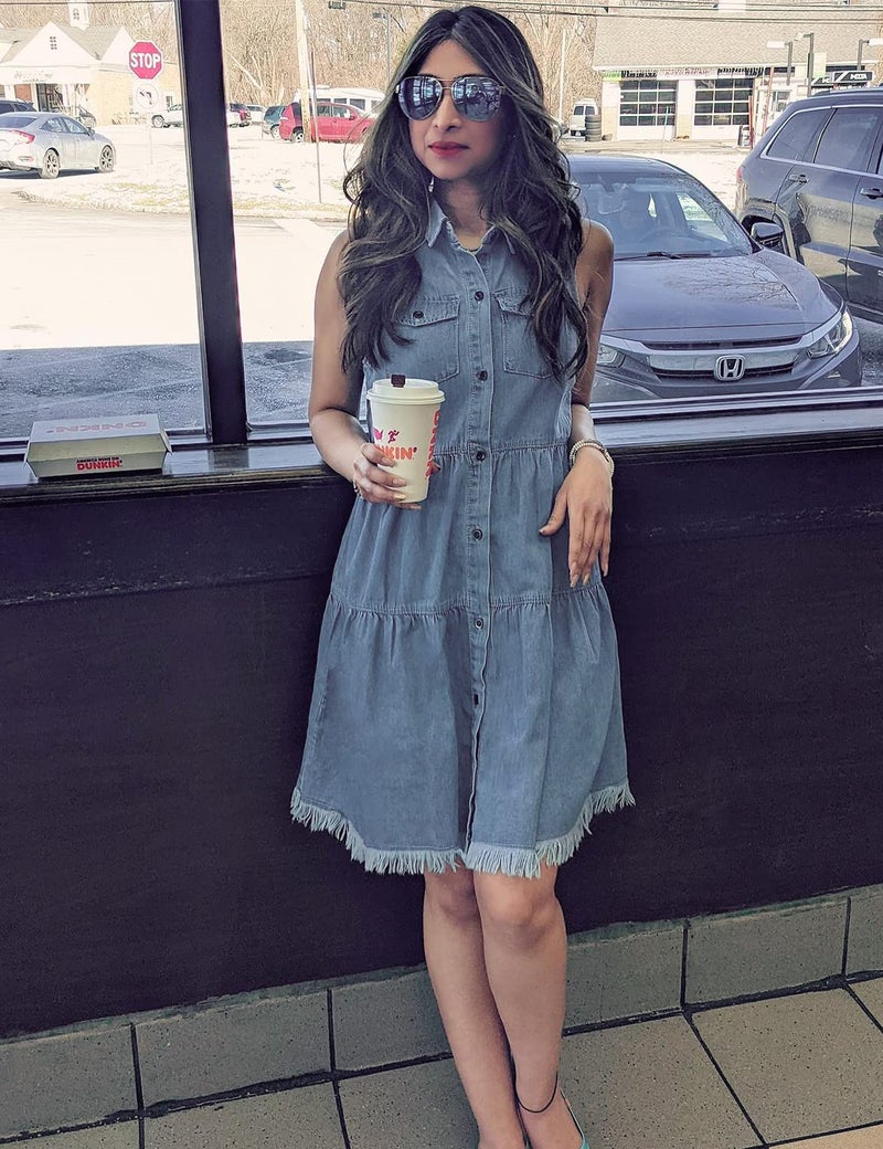 luvamia Women's Casual Summer Lapel Sleeveless Button Down Short Denim Jean Dress Azure Glow Size Medium fits Size 8 - Size 10 - Image 4