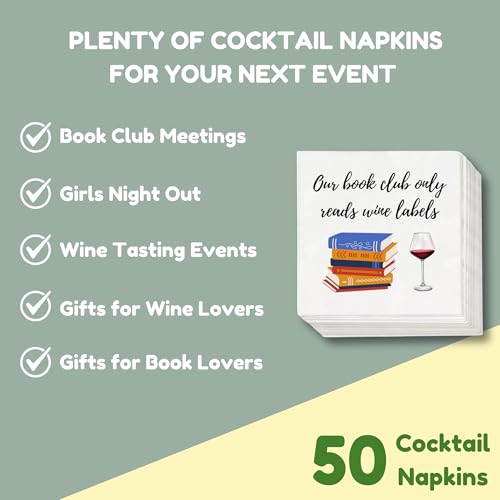 Cloverjoyed Book Club Cocktail Napkins, 50 Pack, 'Our Book Club Only Reads Wine Labels' Quote, Gifts for Women, Wine Night Party Decorations or Favors - Image 5