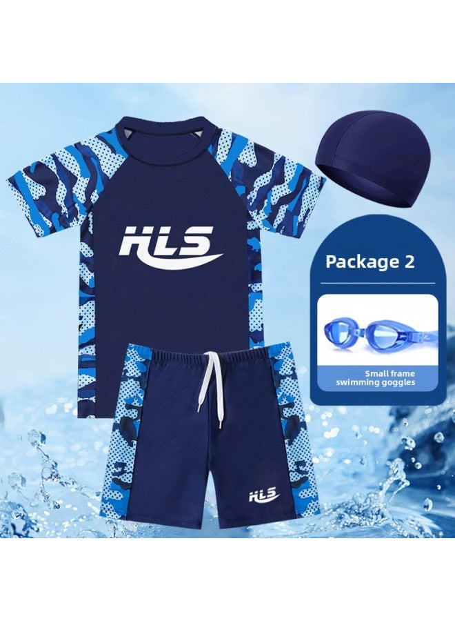 إسكدنيا شورت سباحة للأطفال، شورت سباحة للأولاد سريع الجفاف، للمراهقين على الشاطئ، شورت سباحة احترافي لتدريب الأطفال المتوسطة والكبيرة - اللون: 906 أزرق مموه + نظارات سباحة (مع قبعة سباحة) - - Image 1