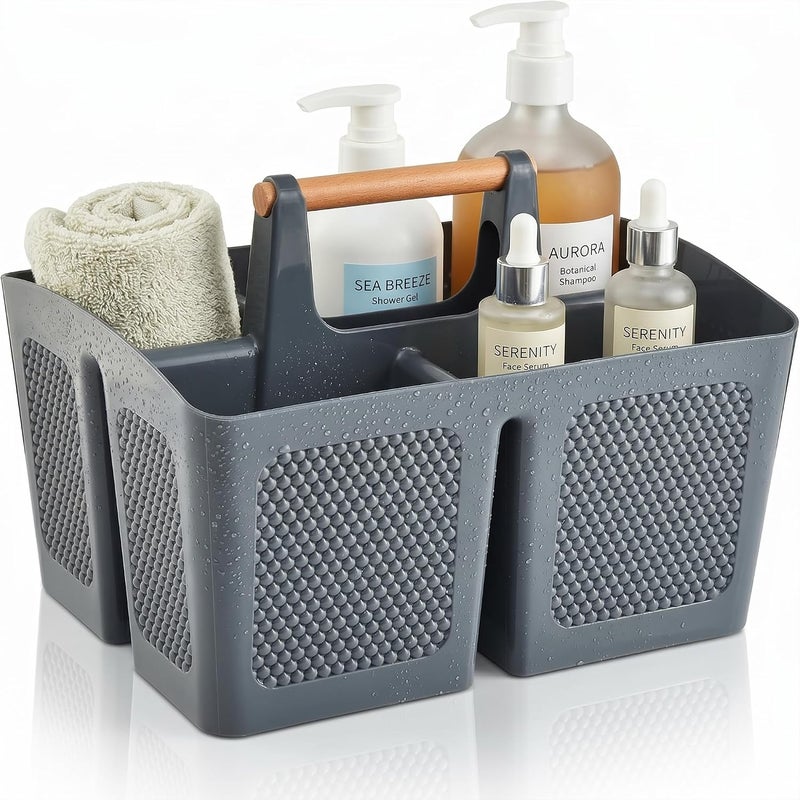 Haundry Plastic Shower Caddy Basket with 3 Compartments, Portable Divided Cleaning Caddy Organizer Storage Tote Bin with Handle for Bathroom, College Dorm Room Essentials, Grey - Image 1