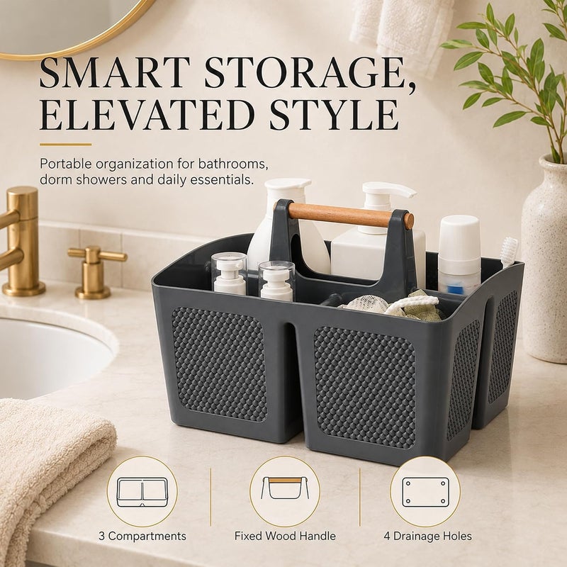 Haundry Plastic Shower Caddy Basket with 3 Compartments, Portable Divided Cleaning Caddy Organizer Storage Tote Bin with Handle for Bathroom, College Dorm Room Essentials, Grey - Image 3