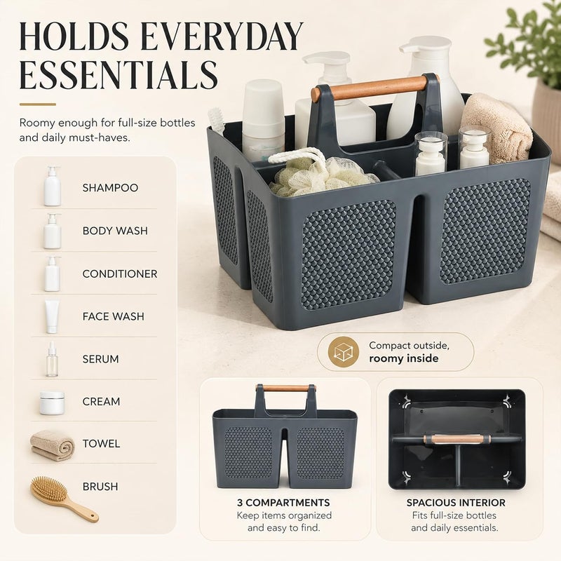 Haundry Plastic Shower Caddy Basket with 3 Compartments, Portable Divided Cleaning Caddy Organizer Storage Tote Bin with Handle for Bathroom, College Dorm Room Essentials, Grey - Image 4