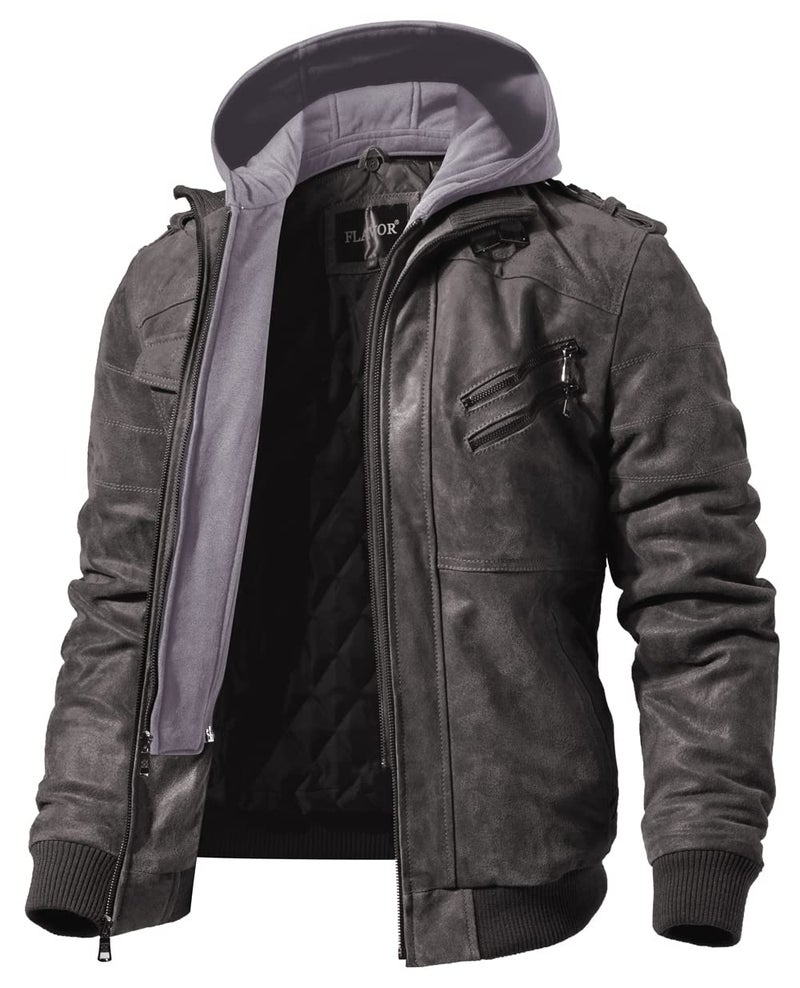 FLAVOR Men Brown Leather Motorcycle Jacket with Removable Hood Medium Gray