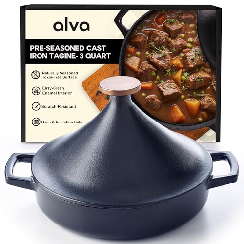 Alva Nori 3-Qt Enameled Cast Iron Tagine – Made With No PTFE, PFOA, PFAS, Oven & Induction Safe – 3-Layer Enamel, No Seasoning Needed – Moroccan-Style Dutch Oven for Braising, Stewing & Roasting, Black - Image 1