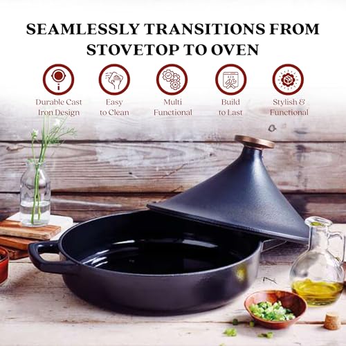 Alva Nori 3-Qt Enameled Cast Iron Tagine – Made With No PTFE, PFOA, PFAS, Oven & Induction Safe – 3-Layer Enamel, No Seasoning Needed – Moroccan-Style Dutch Oven for Braising, Stewing & Roasting, Black - Image 4