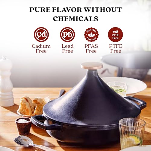 Alva Nori 3-Qt Enameled Cast Iron Tagine – Made With No PTFE, PFOA, PFAS, Oven & Induction Safe – 3-Layer Enamel, No Seasoning Needed – Moroccan-Style Dutch Oven for Braising, Stewing & Roasting, Black - Image 5