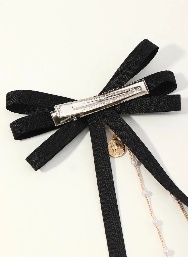 Take Two Black Bow Hair Clip with Pearl Chain