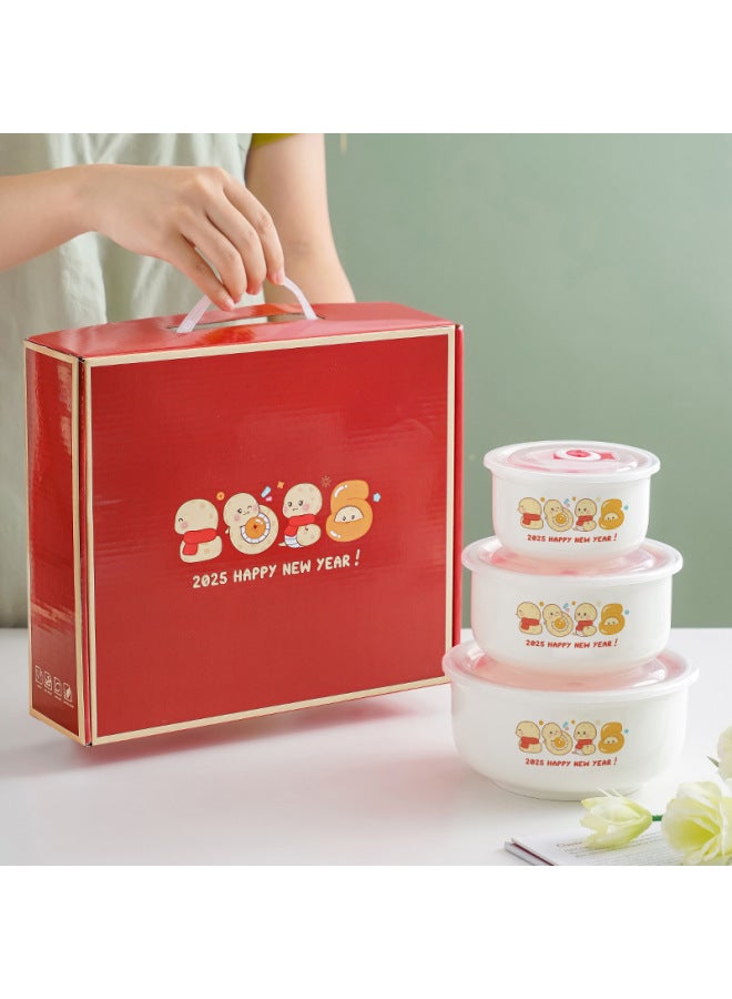 Ceramic Fresh-keeping Bowl Three-piece Vacuum Sealed Microwave Oven Gift Bowl Wedding Gift Will Sell Tableware Printing-Specifications:2025 Year Of The Snake-Color:6 Inch Single Pack (48 Sets Or 20 Sets A Box) - Image 1