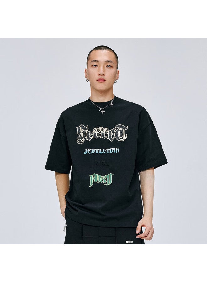 Mrj Jay Chou Original Brand Trendy Letter Solid Color Simple Uni Short Sleeve T-shirt 3007 Polar Night Black XL - Image 1