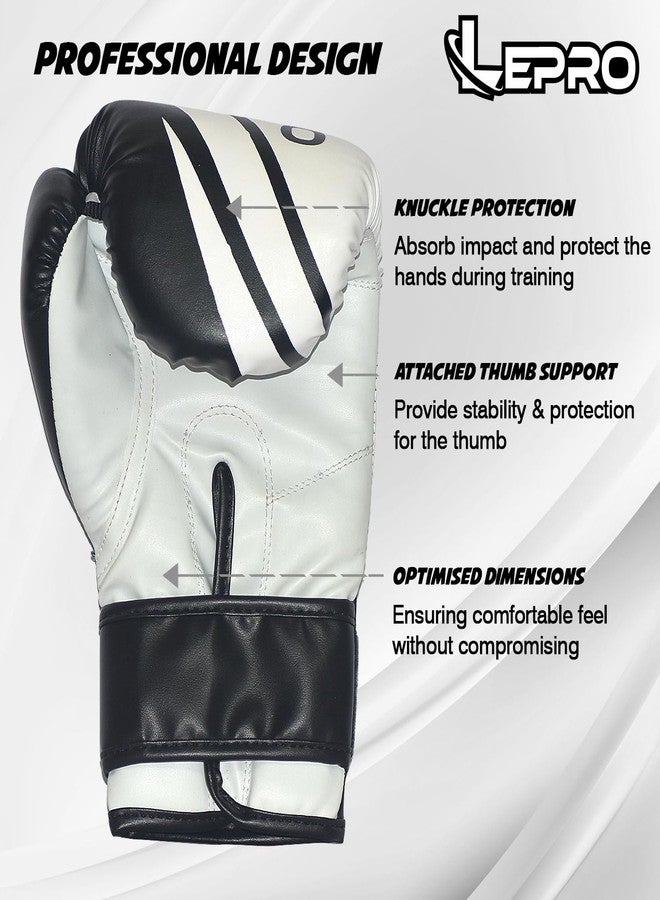 LEPRO PU Leather Boxing Gloves for Men & Women for Training & Match Boxing Gloves for Karate Muay Thai Kick Taekwondo Training (White Black, 10oz) - Image 2