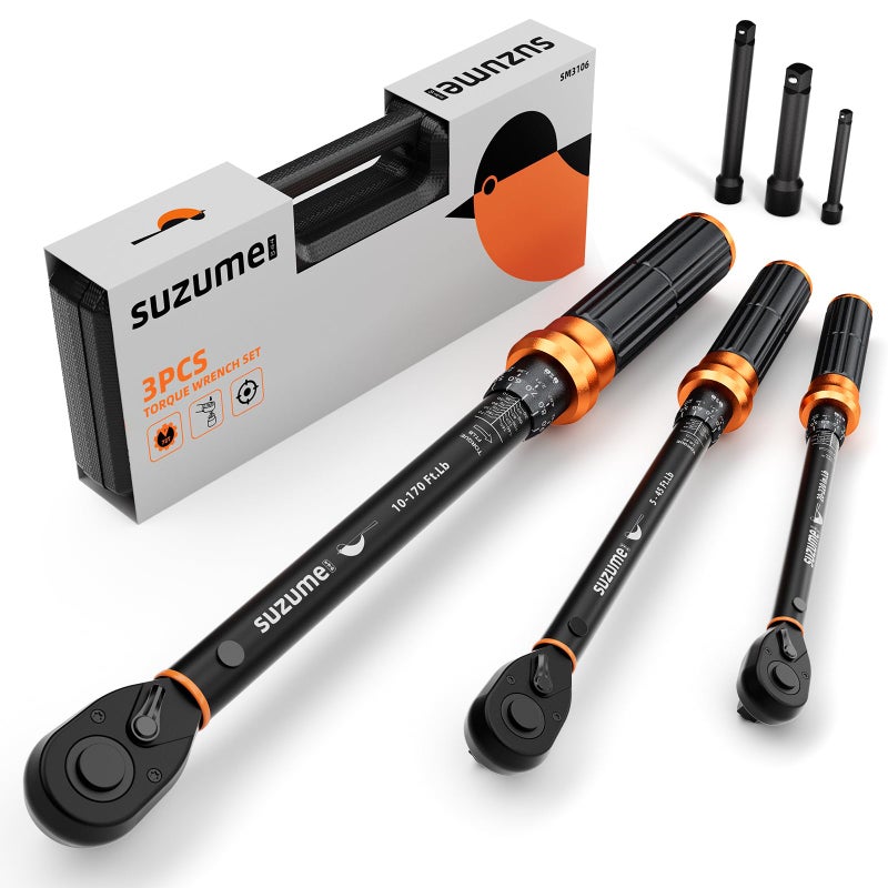 SUZUME 3PCS Torque Wrench Set 72 Teeth Dual-Direction Adjustable Torque Wrench Dual-Scales 1/4 & 3/8 & 1/2-Inch ±3% Accuracy Click Torque Wrenches for Bicycle, Motorcycle, Car,Maintenance - Image 2