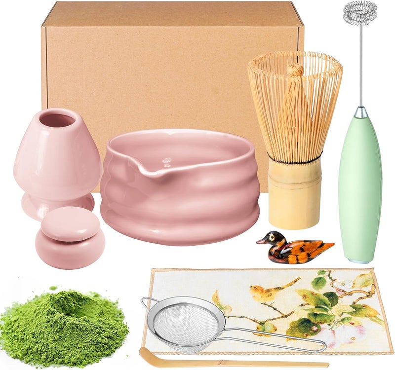 ELIMTEC Matcha Whisk Set and Bowl, Matcha Making Kit Whisk, Bowl With Spout, Sifter, Ceramic Whisk Holder, Spoon Japanese Tea Powder Starter Tools For Ceremony Gift (Pink, 9 Pack) - Image 1