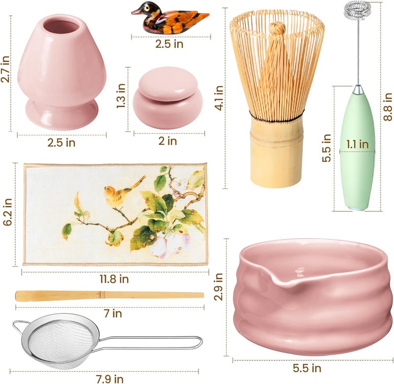 ELIMTEC Matcha Whisk Set and Bowl, Matcha Making Kit Whisk, Bowl With Spout, Sifter, Ceramic Whisk Holder, Spoon Japanese Tea Powder Starter Tools For Ceremony Gift (Pink, 9 Pack) - Image 2