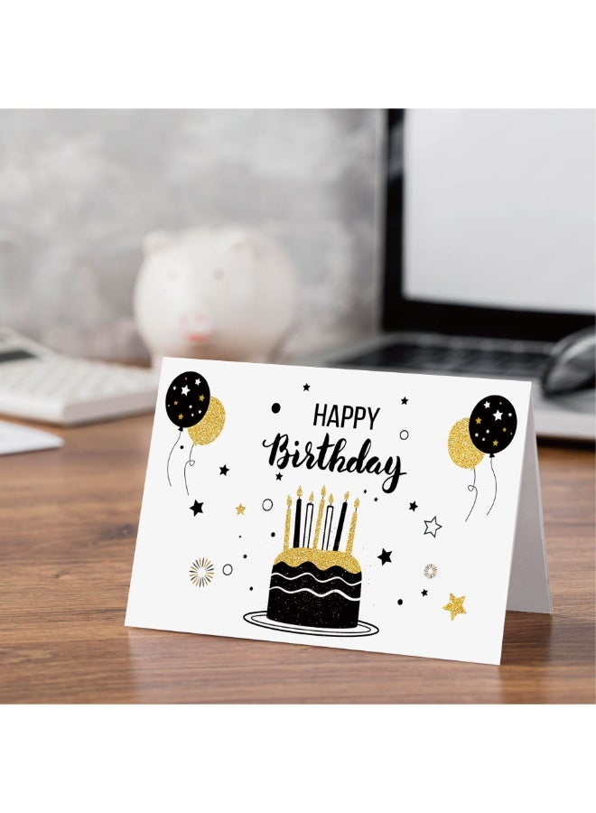 6 Designs White & Gold Happy Birthday Greeting Cards – Horizontal Cards with Envelopes & Stickers - Image 2