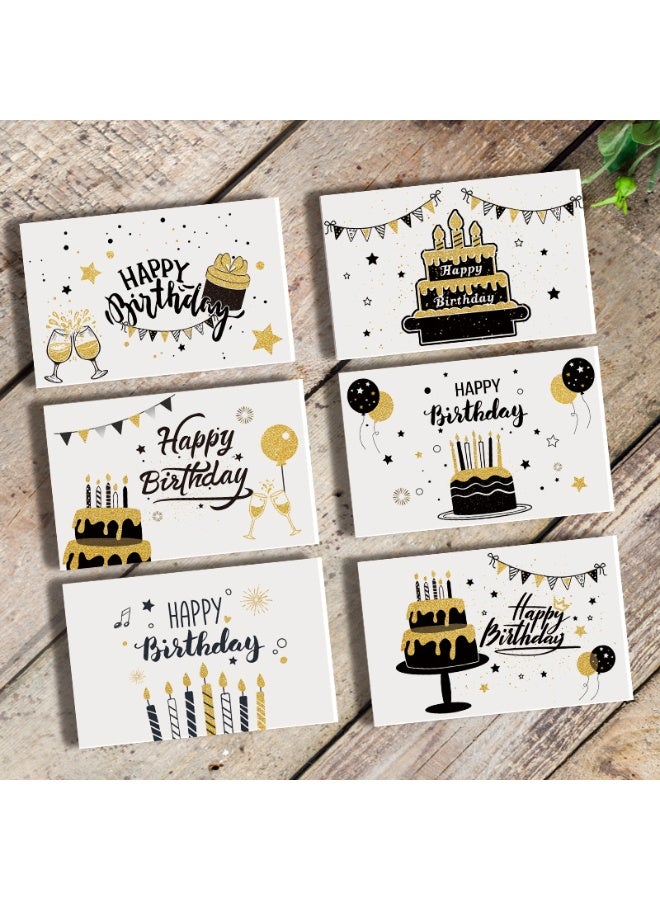 6 Designs White & Gold Happy Birthday Greeting Cards – Horizontal Cards with Envelopes & Stickers - Image 1