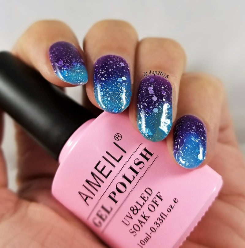 AIMEILI Soak Off U V LED Temperature Color Changing Chameleon Gel Nail Polish - Glitter Purple to Glitter Blue Full Shimmer/Diamond (TC06) 10ml - Image 2
