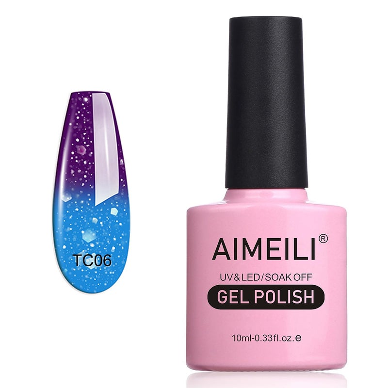 AIMEILI Soak Off U V LED Temperature Color Changing Chameleon Gel Nail Polish - Glitter Purple to Glitter Blue Full Shimmer/Diamond (TC06) 10ml - Image 1