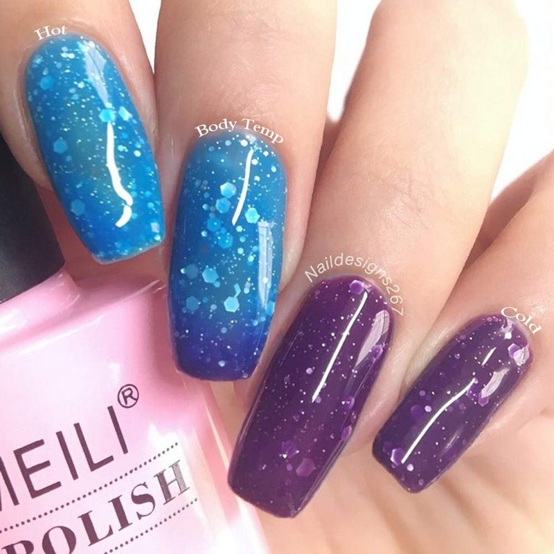 AIMEILI Soak Off U V LED Temperature Color Changing Chameleon Gel Nail Polish - Glitter Purple to Glitter Blue Full Shimmer/Diamond (TC06) 10ml - Image 3